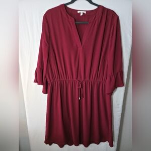 Maurices Maroon Bell Sleeve Dress V-Neck Tie Waist Boho Cottagecore O Plus